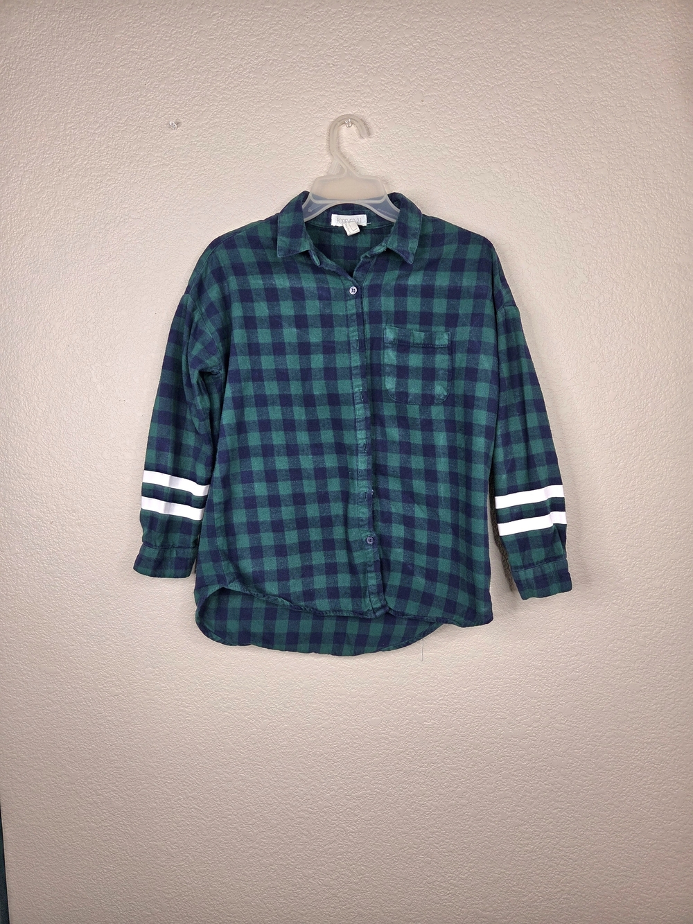 Forever 21 Green & Navy Plaid Button-Down Shirt with Sleeve Stripes Grunge Fall